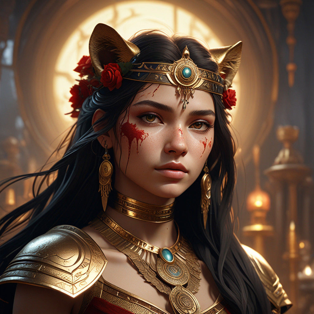 Egyptian Goddess Sekhmet in Bloody Robes, Hyperdetailed Surr...