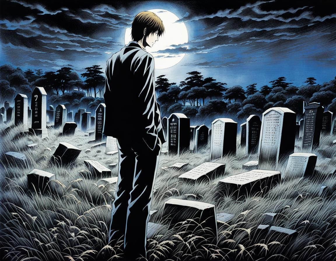 Light Yagami in Graveyard, Scratchboard Ink Style
