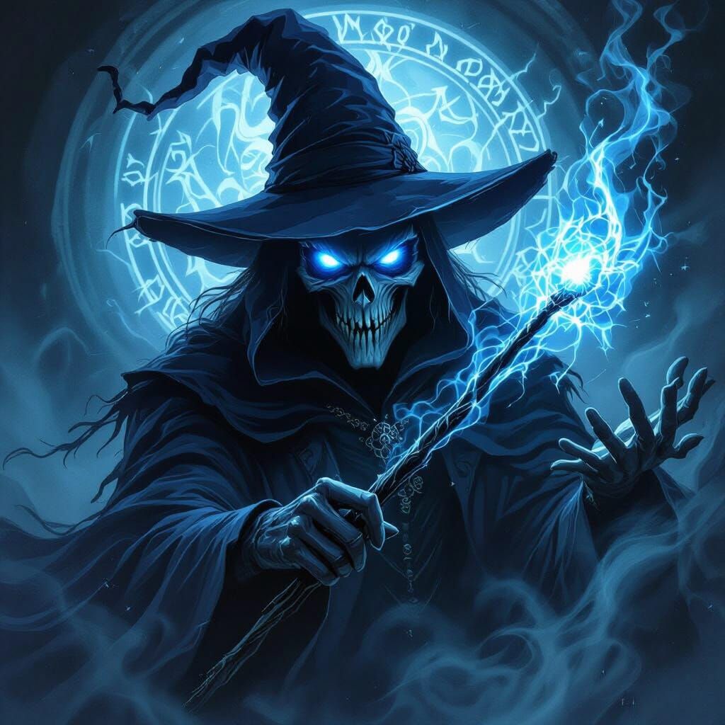 Ghostly Magician with Bony Wand and Ice-Blue Eyes