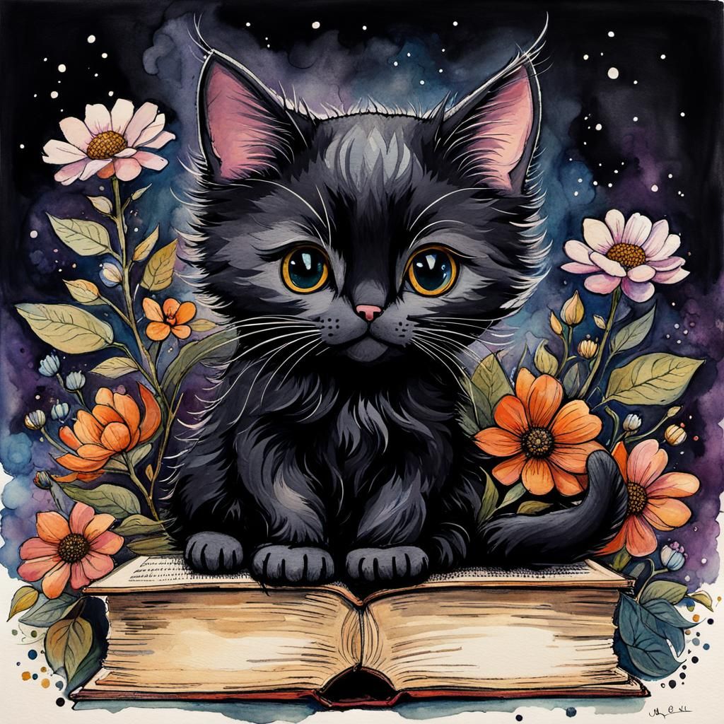 Gothic Chibi Cat on Books, Whimsical Watercolor Illustration