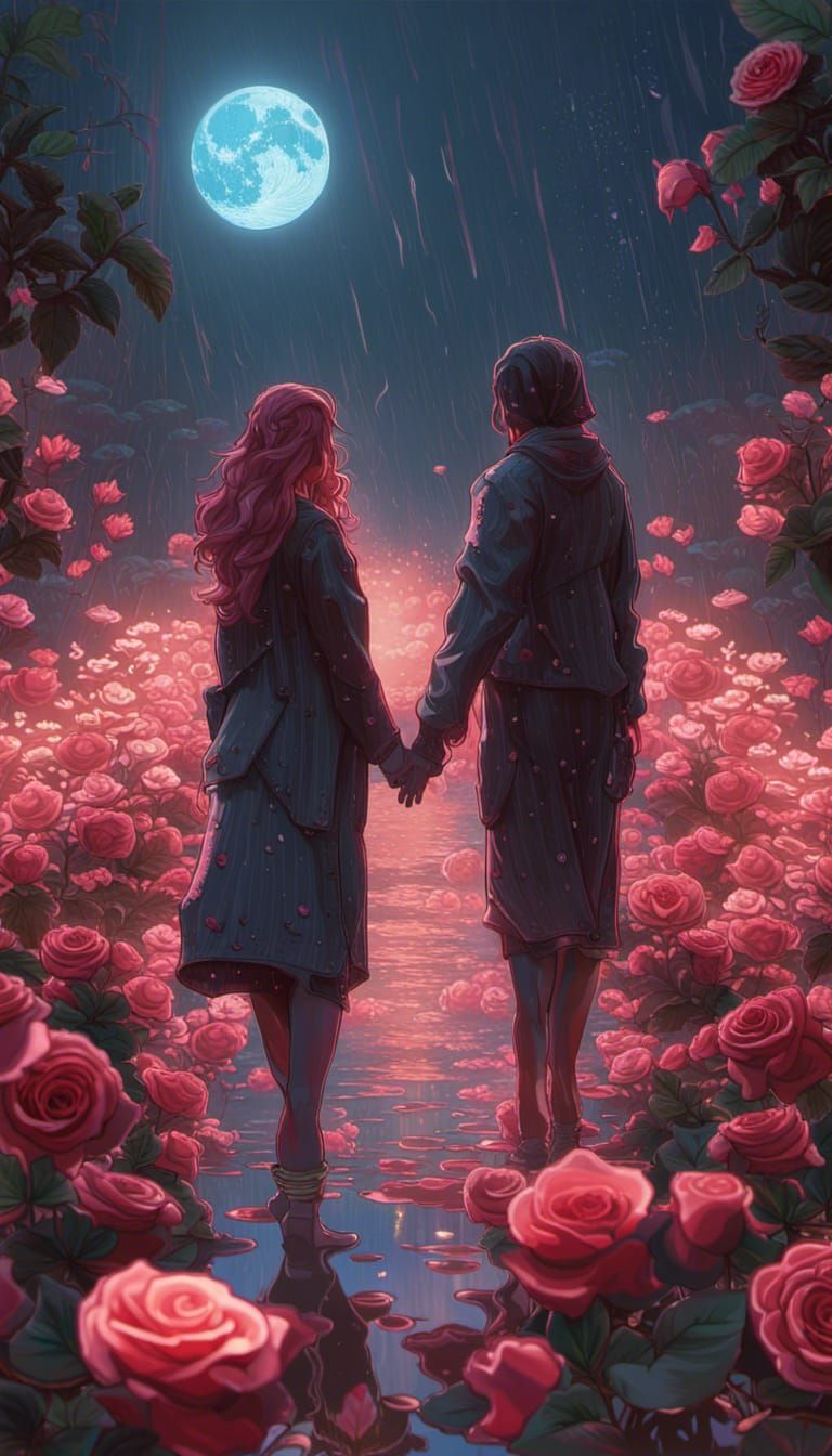 Moonlit Roses in Rain, Art Nouveau Style