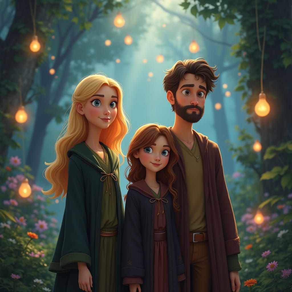 Magical Trio in Enchanting Wizarding Scene