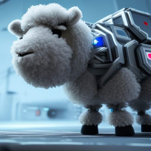 cute tiny fluffy cartoon sheep intricate mech details, ground level shot, 8K resolution, Cinema 4D, Behance HD, polished...