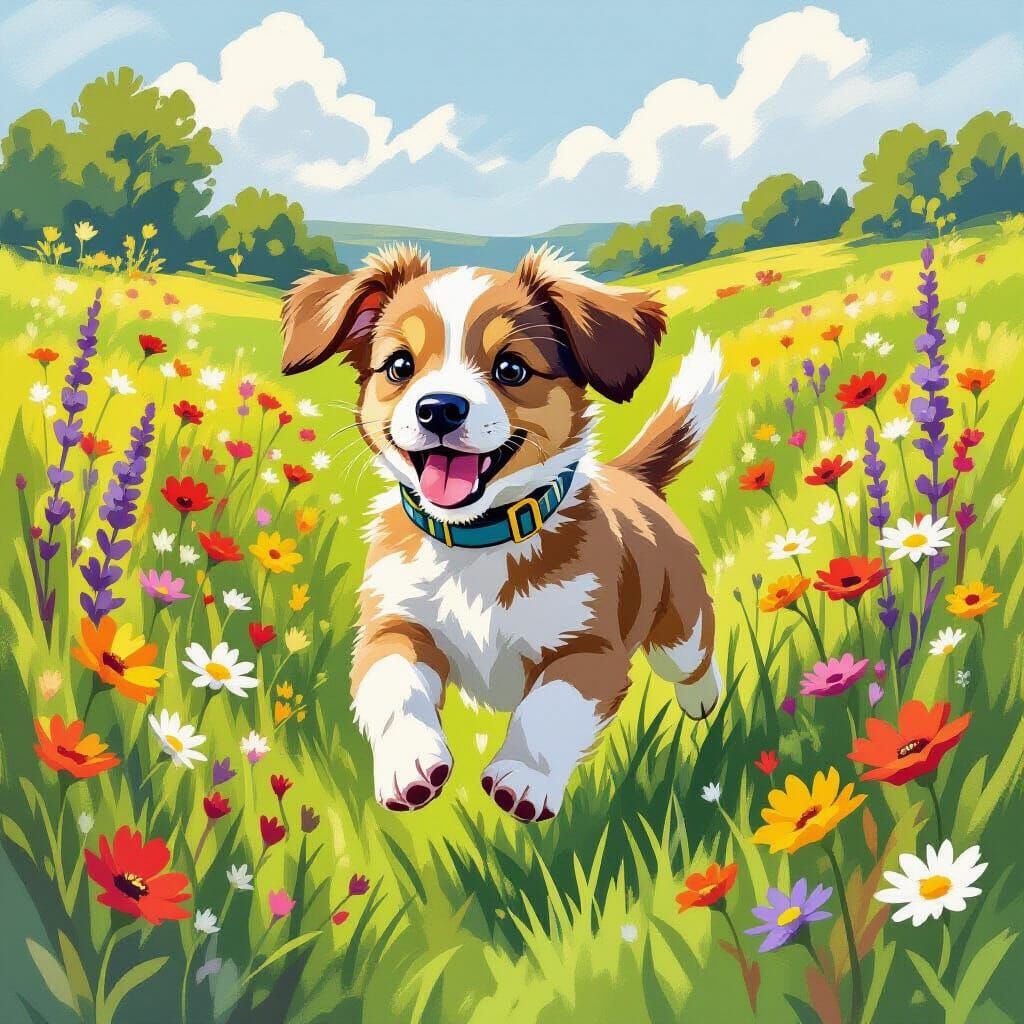 Puppy Bounding Through Wildflower Meadow: Whimsical Illustra...
