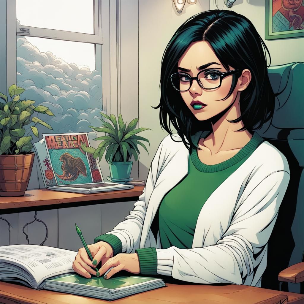 Cute Mexican Girl with Green Nails, Comic Book Art