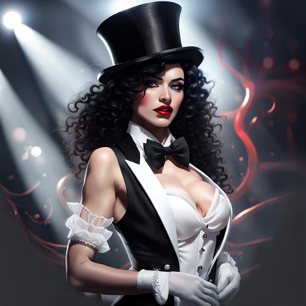 Female magician with curly black hair and red lipstick weari...