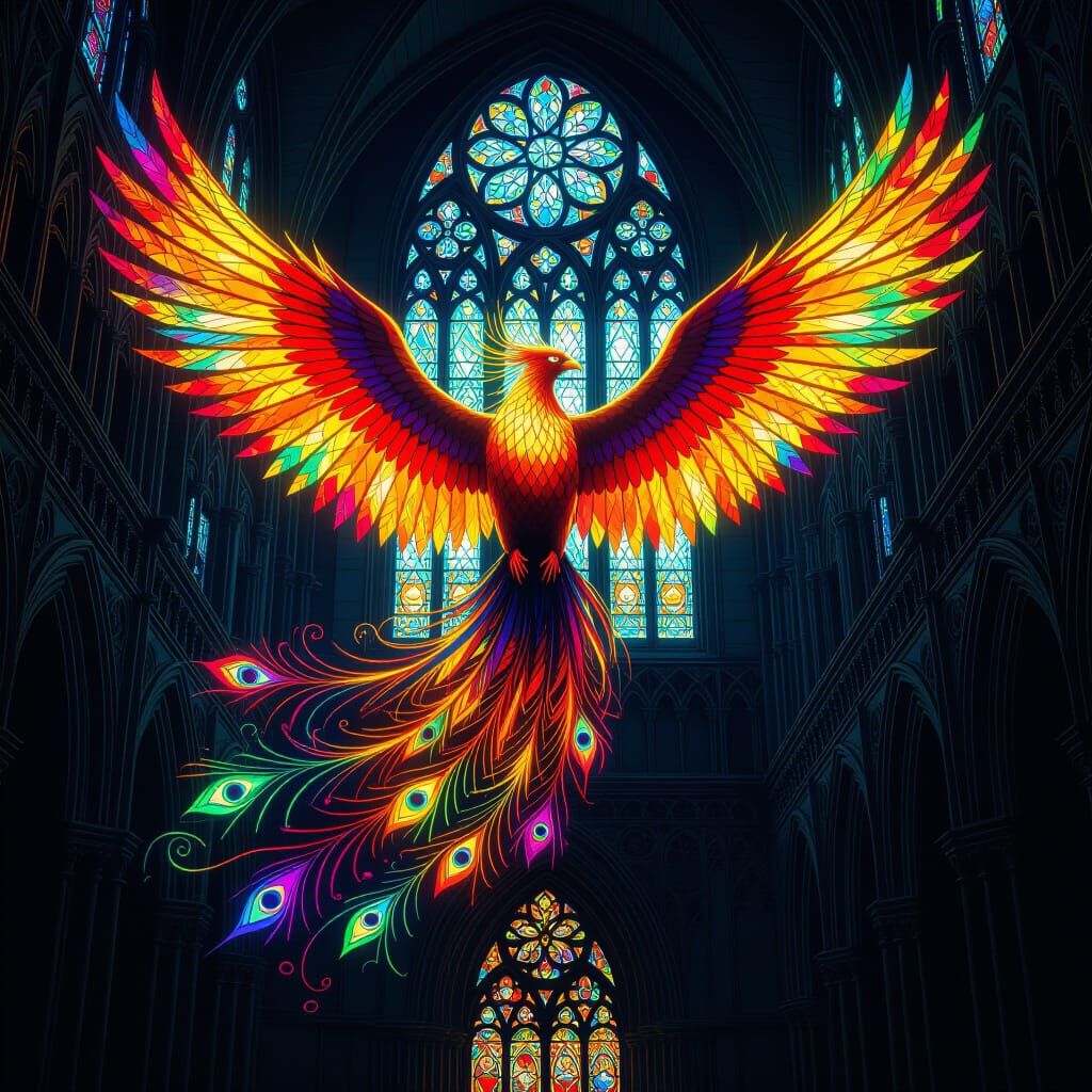 Bioluminescent Phoenix Soaring Over Gothic Cathedral