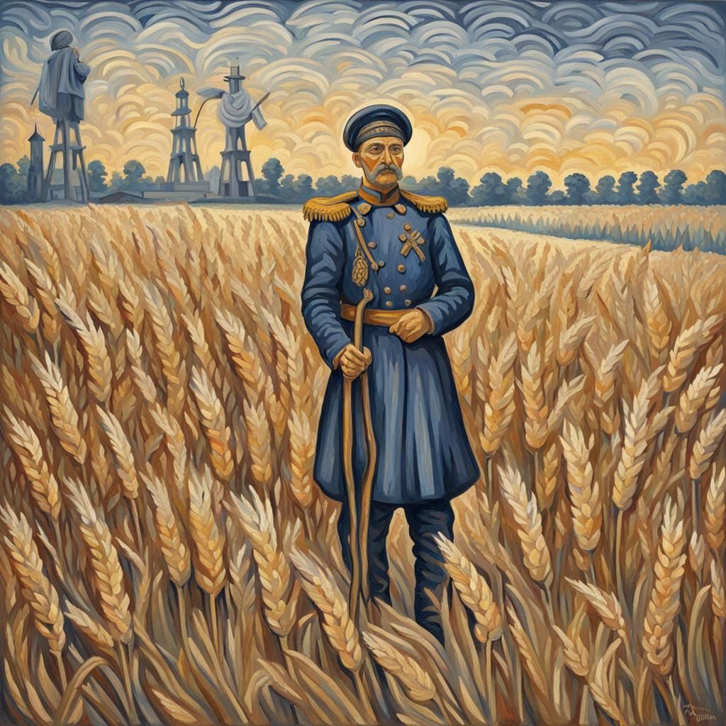 Russian General in Wheat Field as Pointillist Painting
