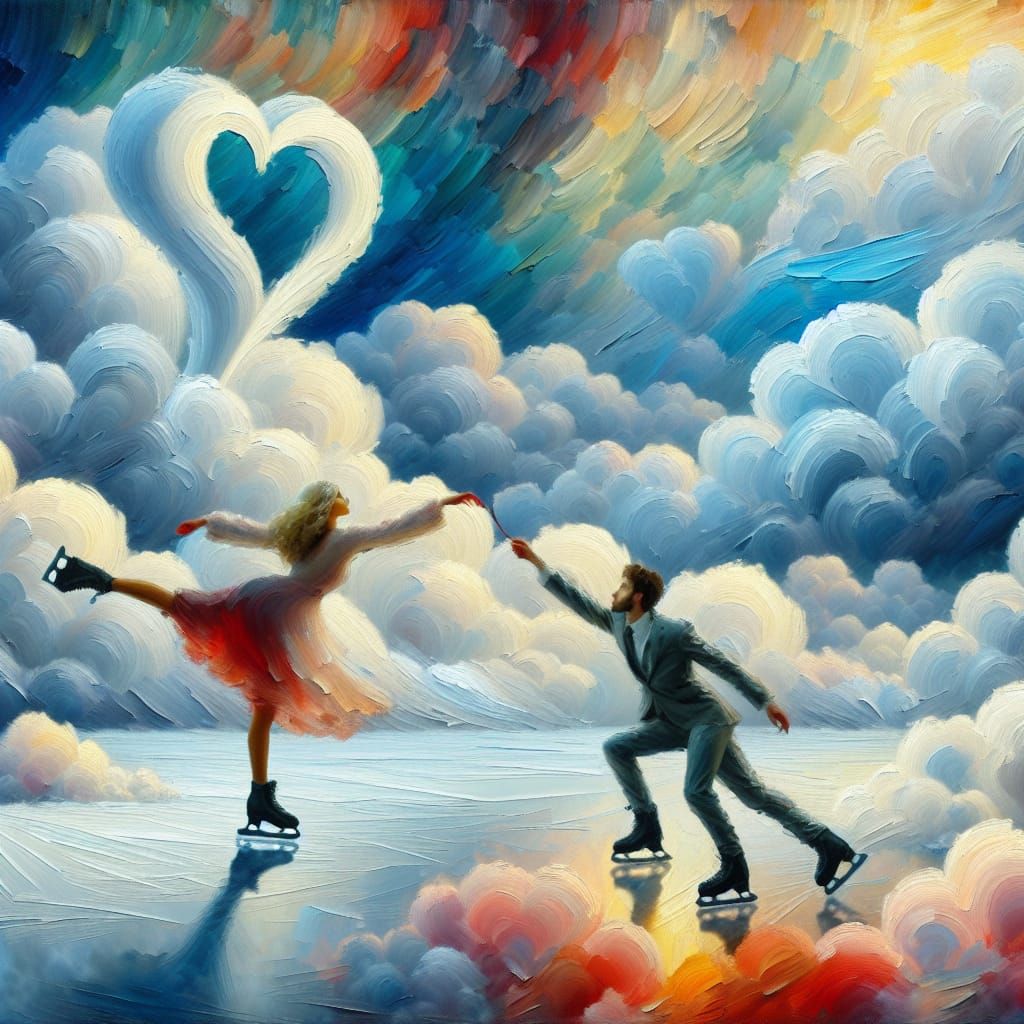 Ice Skaters Carve Heart in Sky as Impasto Painting