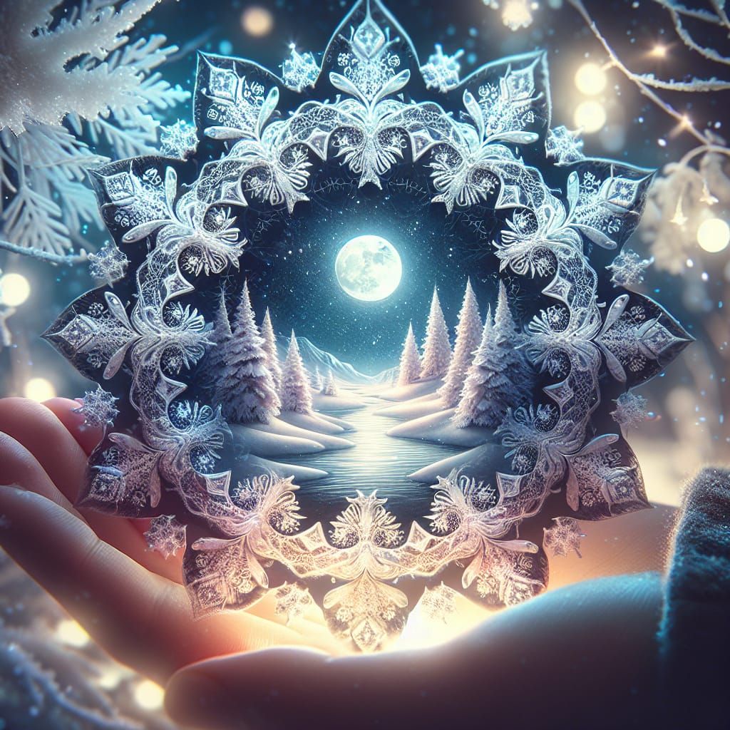 Magical Christmas Snowflake with Winter Landscape