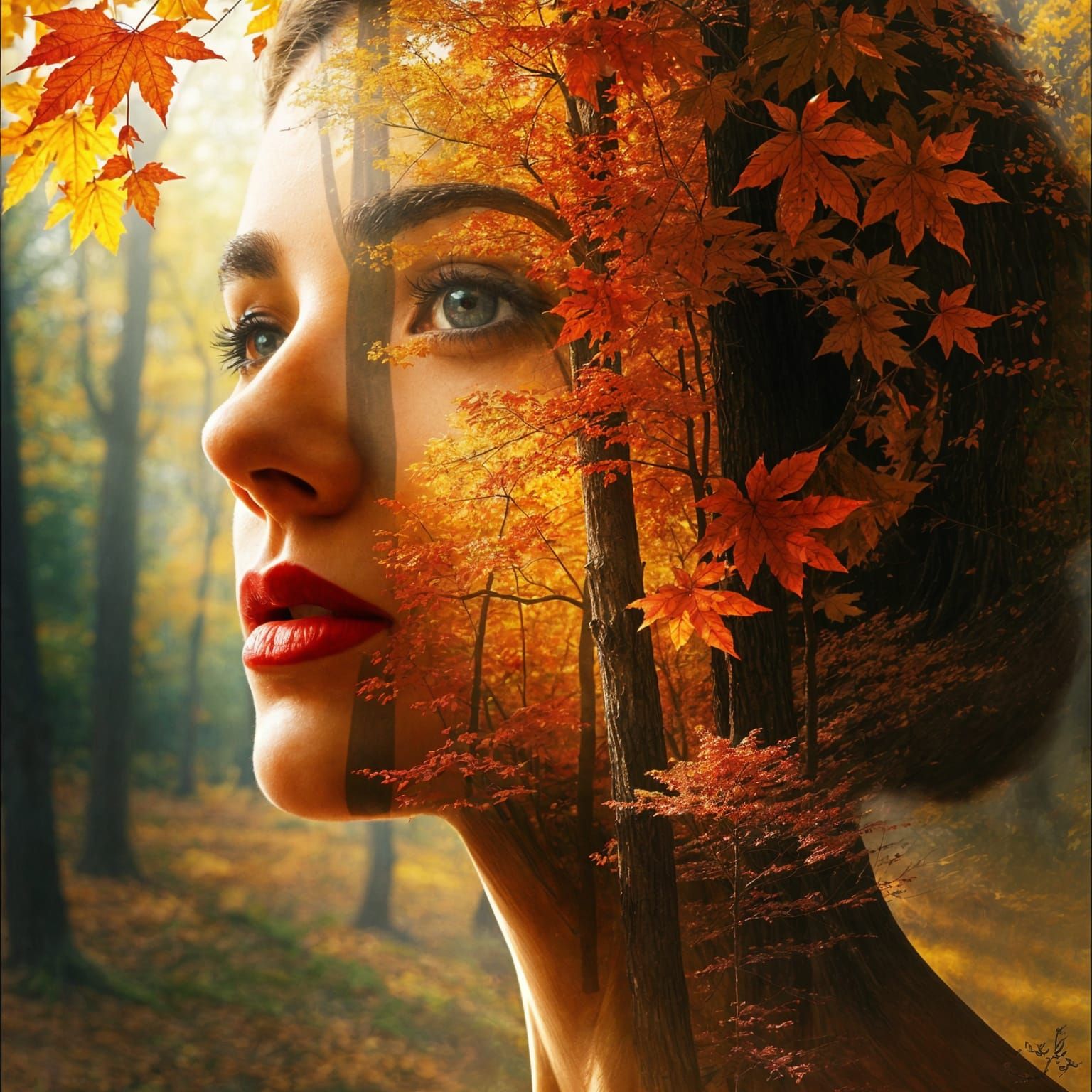 Autumn Forest Woman Silhouette in Impressionistic Style