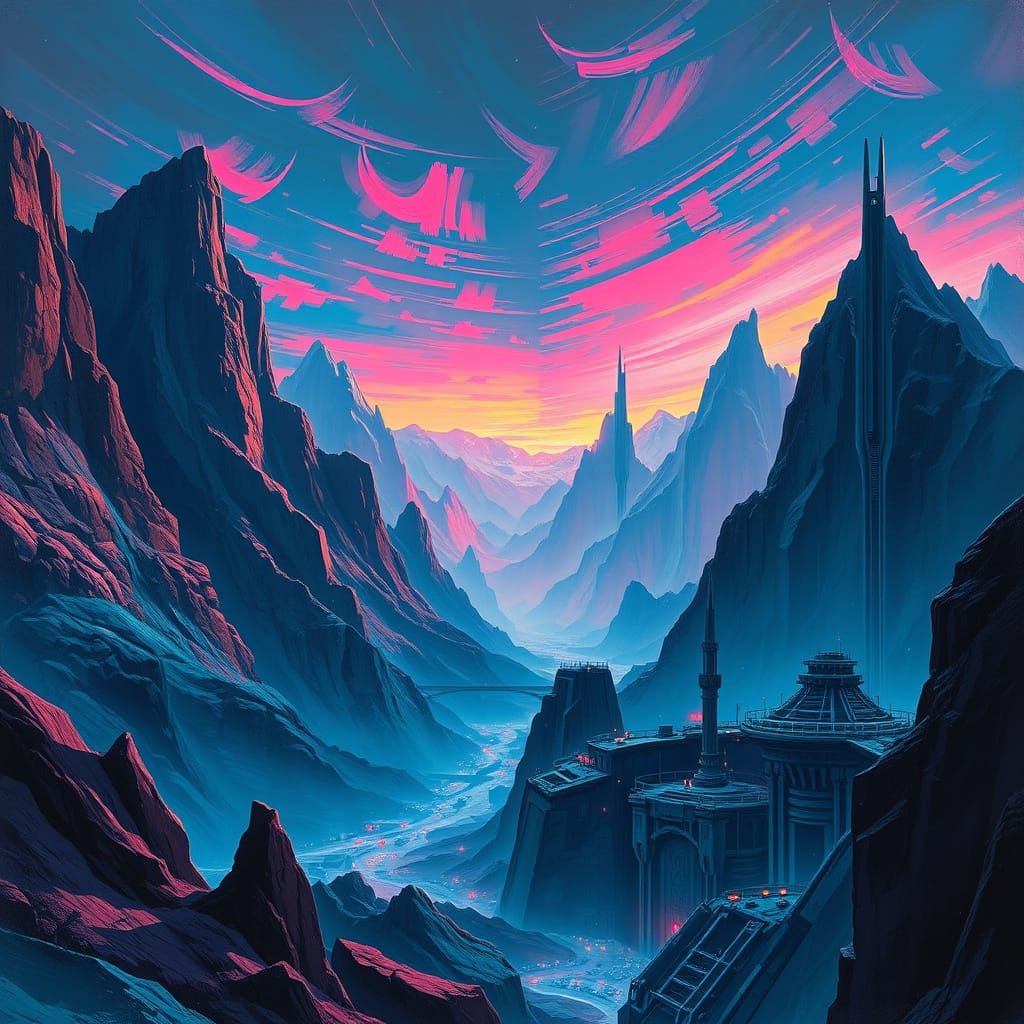 Mystical Cyberpunk Landscape with Industrial Architecture