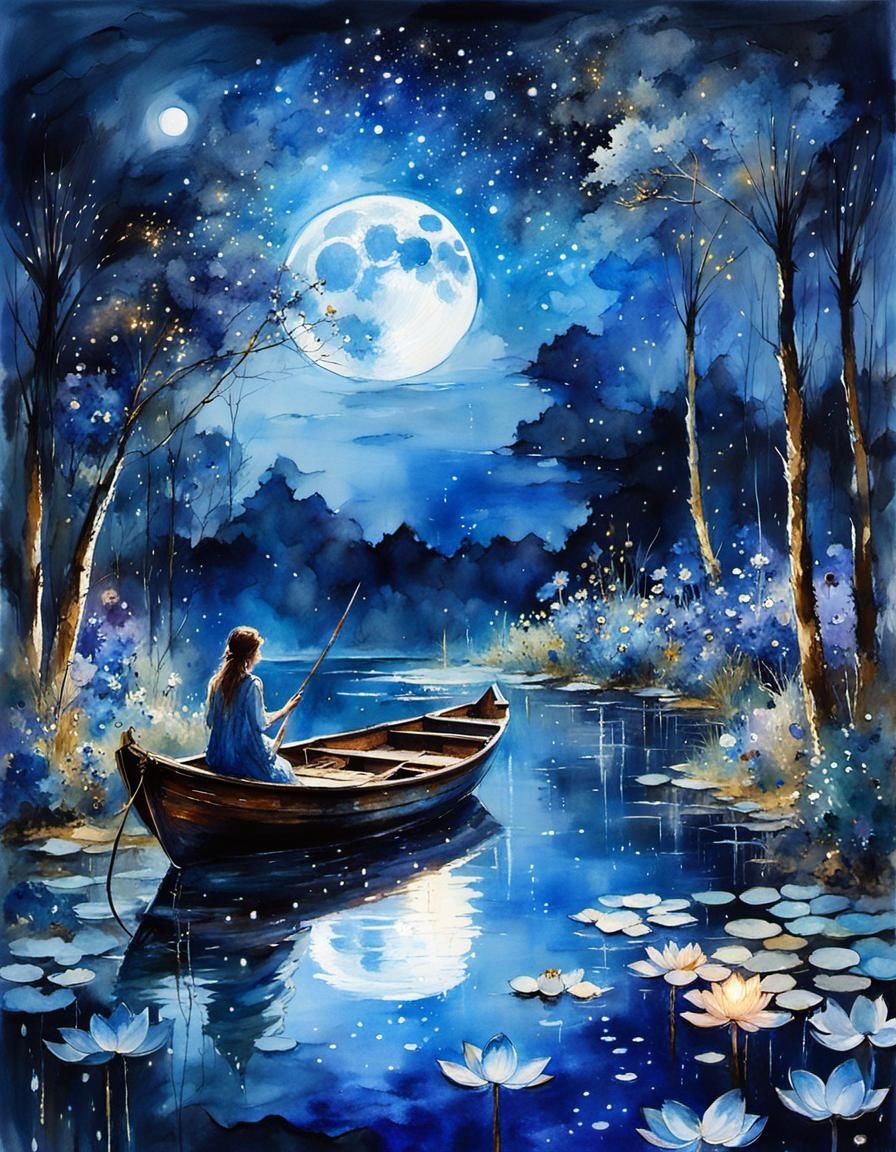 Mystic Blue Moonlit Lake at Night