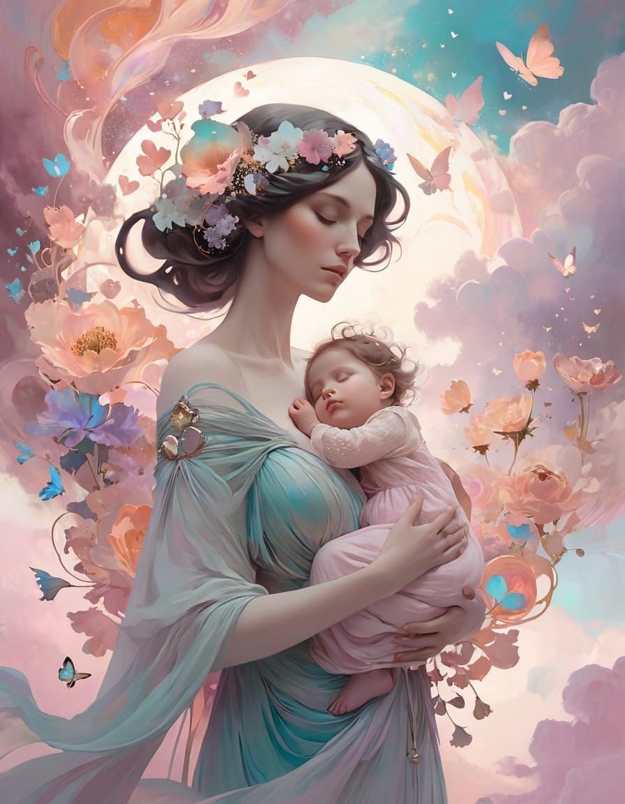 Mother and Child in a Whimsical Cloudscape