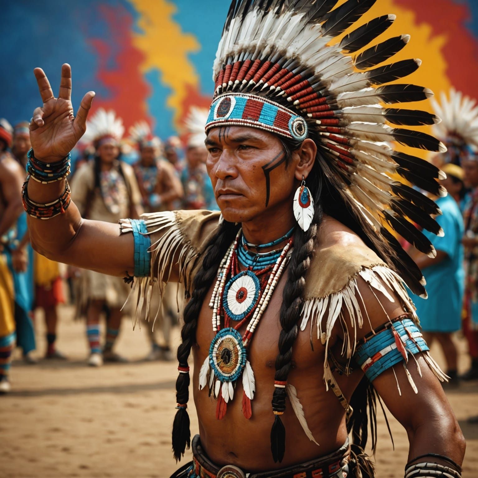 Cree Indians Dancing at Pow Wow: Hyperrealistic Splash Art