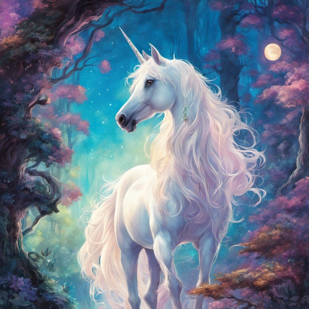 Opalescent Unicorn in Moonlit Fantasy Forest