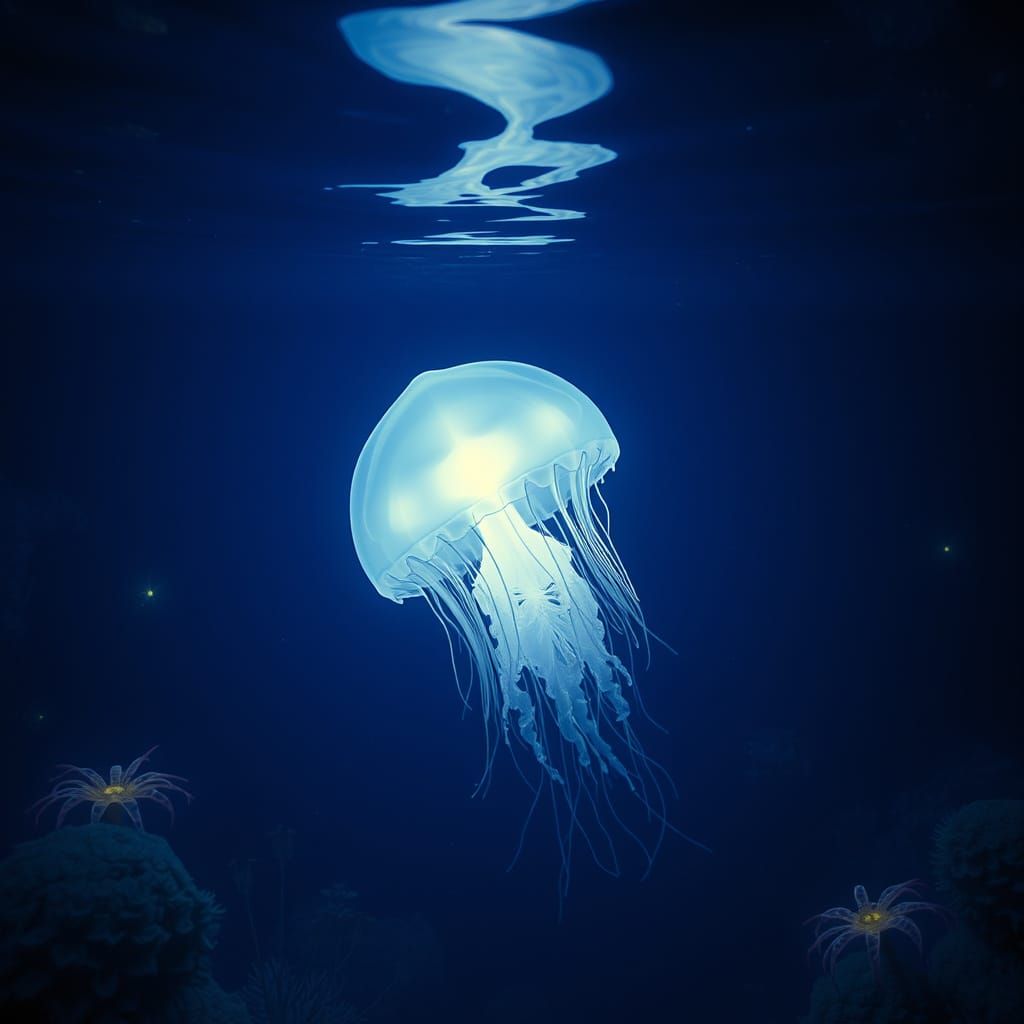 Bioluminescent Jellyfish in Alien Ocean Depths