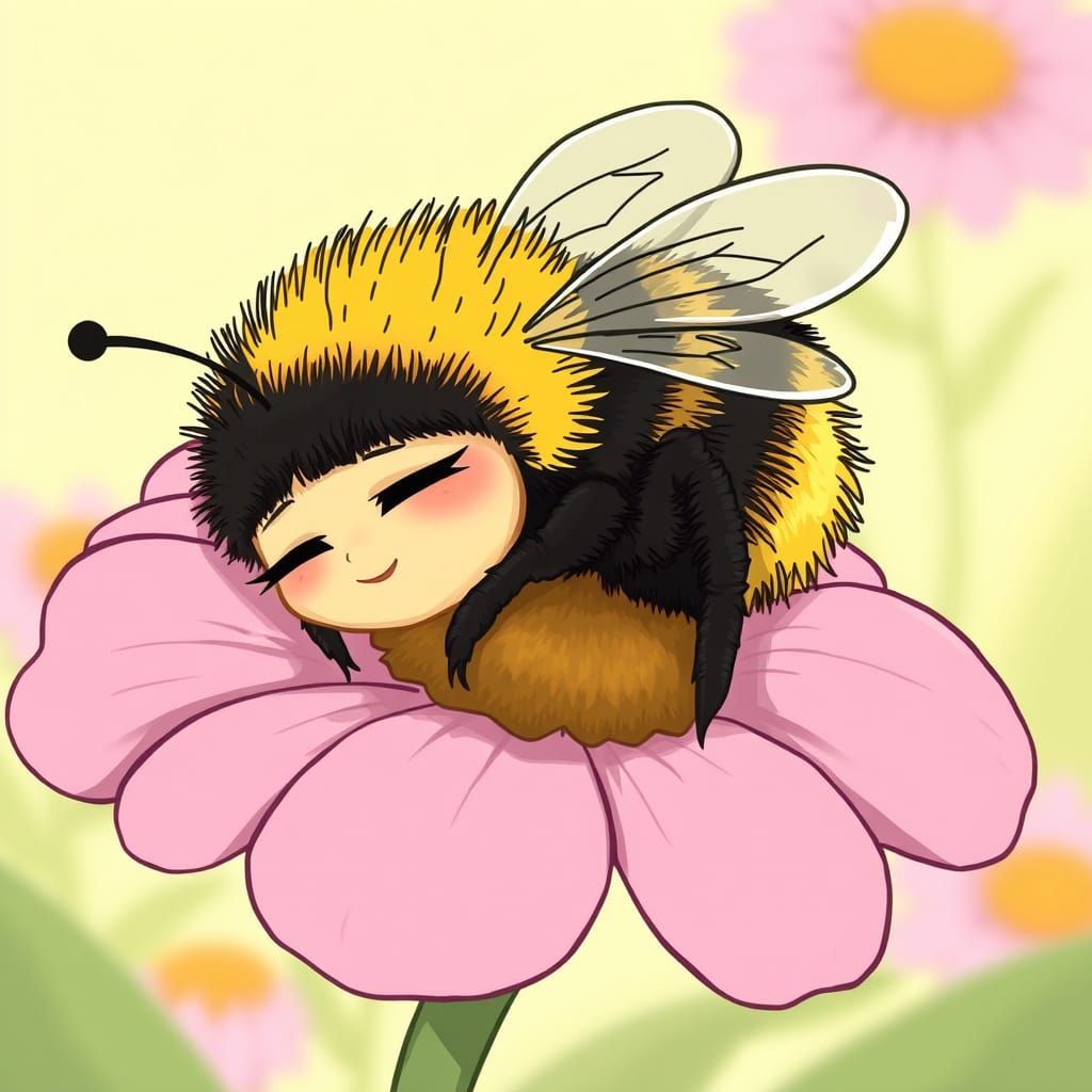 Cartoon Bumblebee Sleeping Peacefully in Flower
