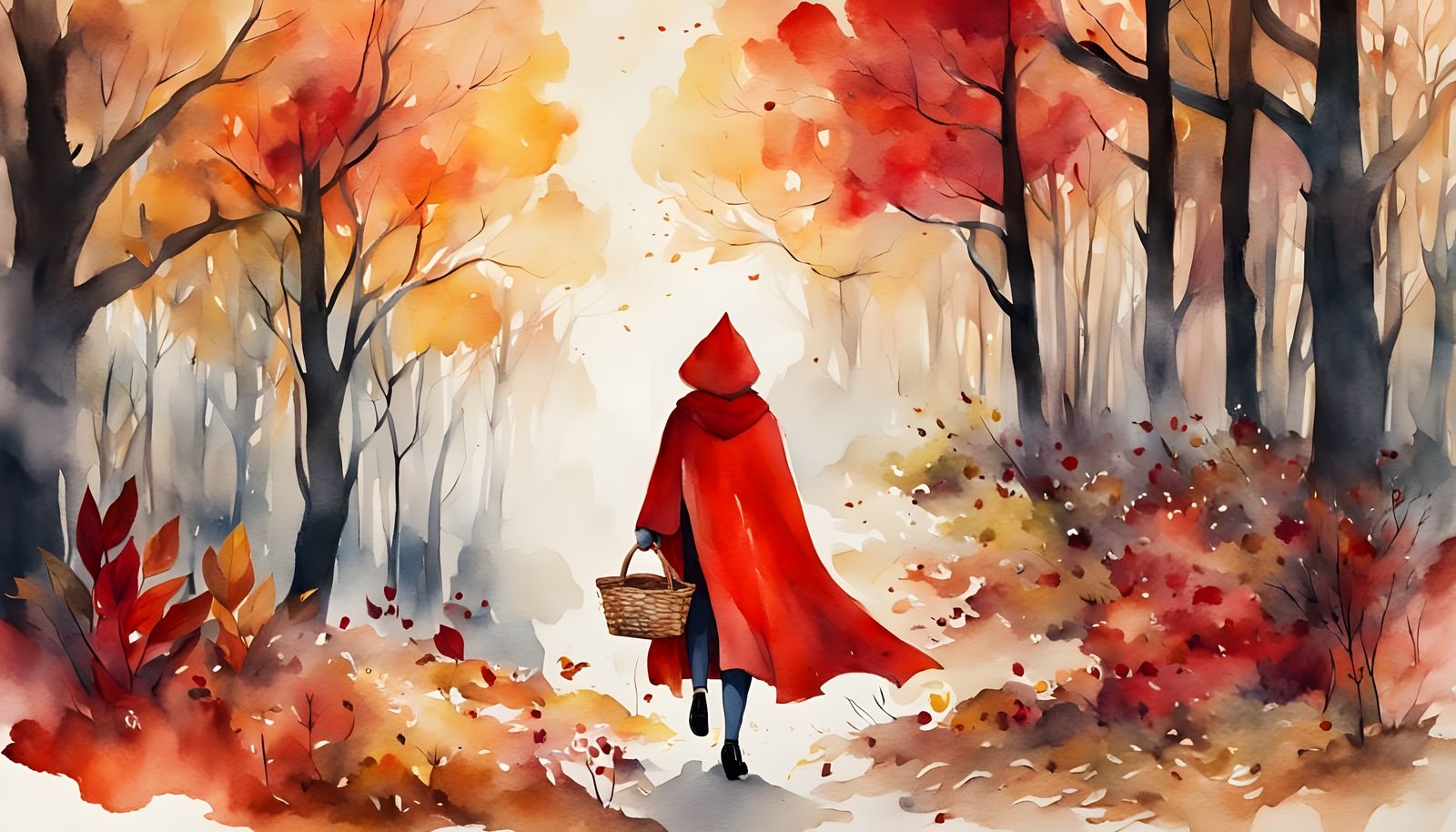 Red Riding Hood in Autumn Forest Watercolor