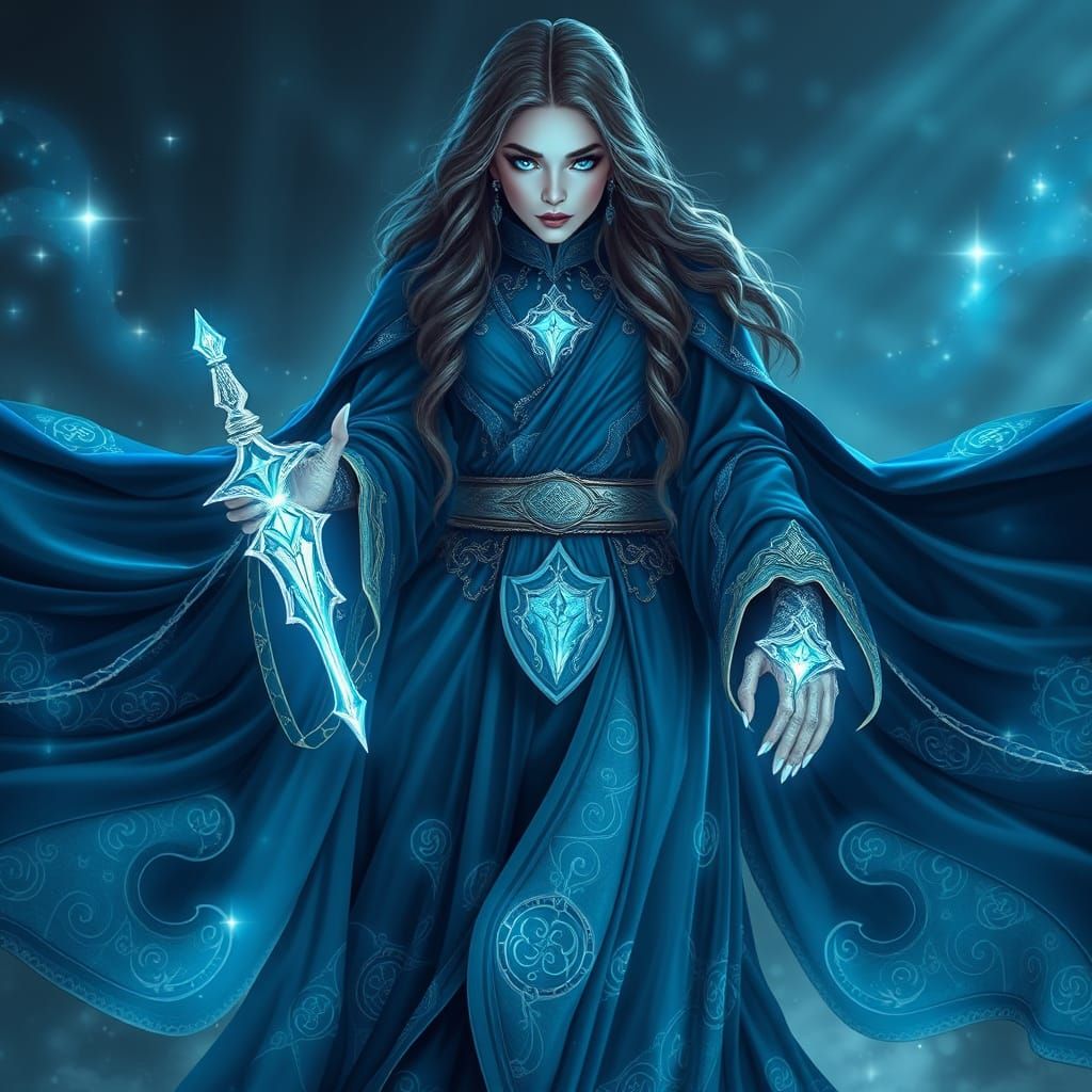 Ethereal Rune Weaver in Deep Blue Robes with Glowing Silver ...
