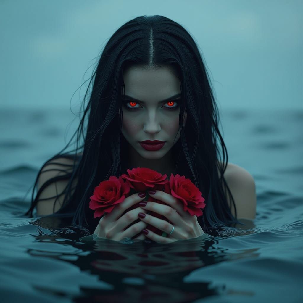 Sinister Mermaid Emerging from Dark Ocean: Cinematic Horror