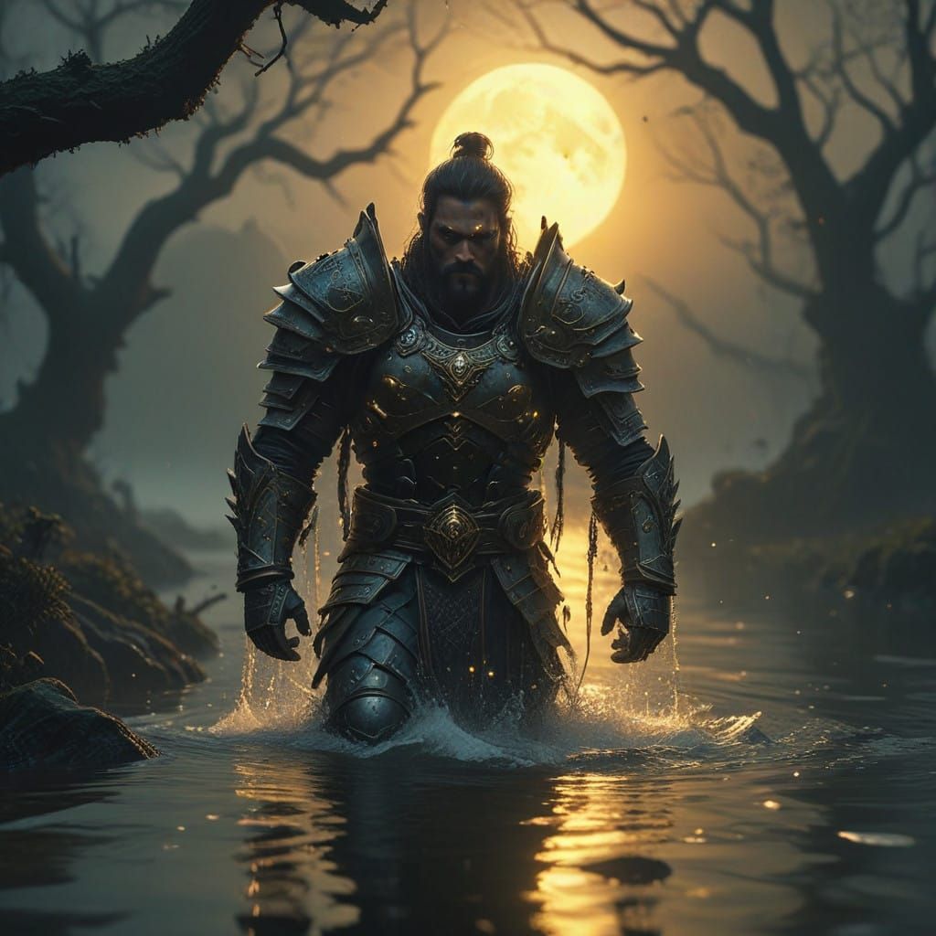 Warrior Emerges from Lake of Skeletons Under Full Moon
