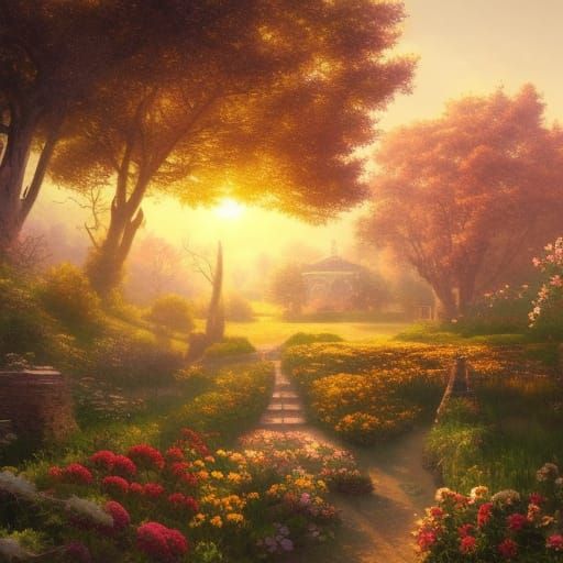 Golden Cottage Garden at Sunset: Fantasy Art