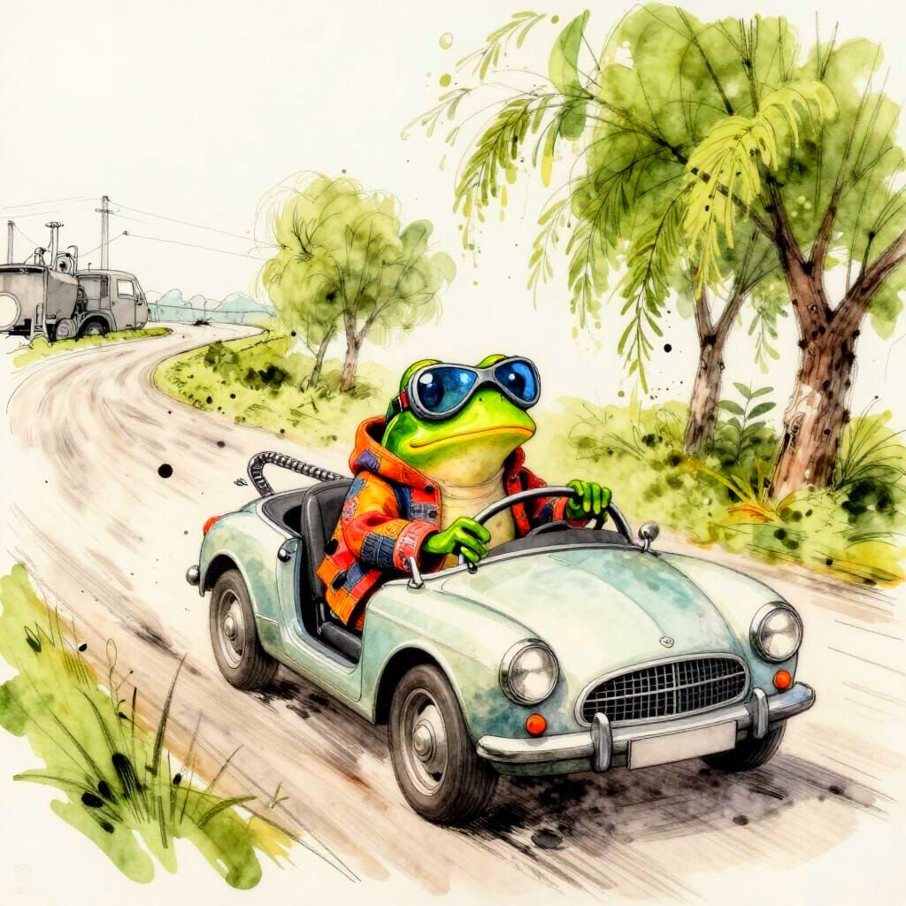 Frog Drives Open-Top Car in Whimsical Watercolour Style