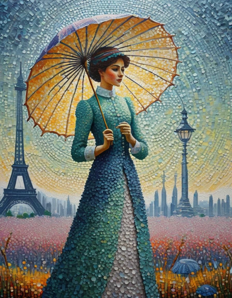 Modern Woman with Parasol in Pointillism Style