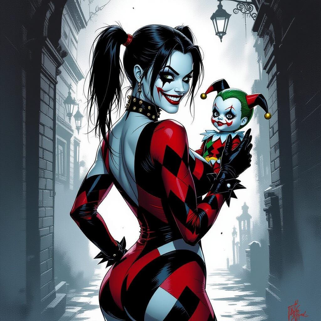 Asian Harley Quinn Grins Wickedly Holding Joker Doll
