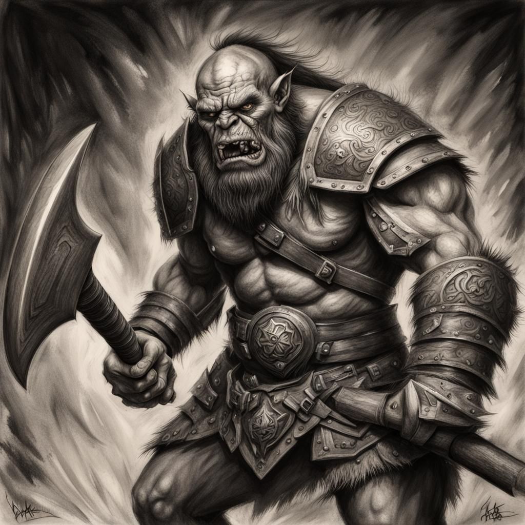 Hyperdetailed Charcoal Drawing of an Orc Warrior
