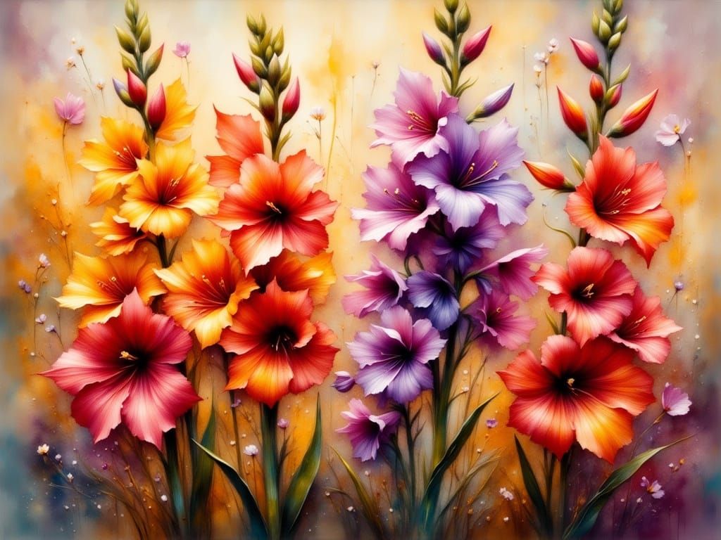 Vibrant Watercolor Gladiolas in Smudged Grunge Style