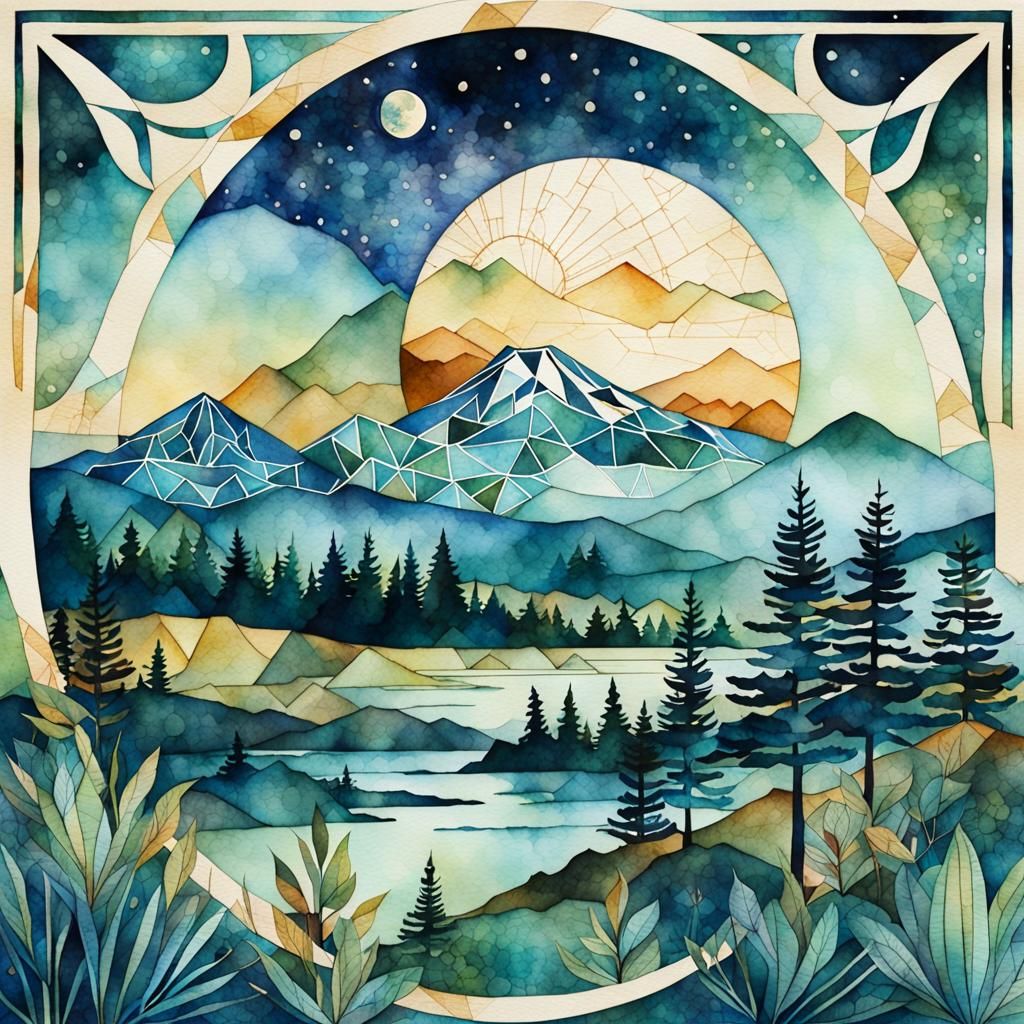 Oregon Landscape with Geometric Boho Moon in Watercolor
