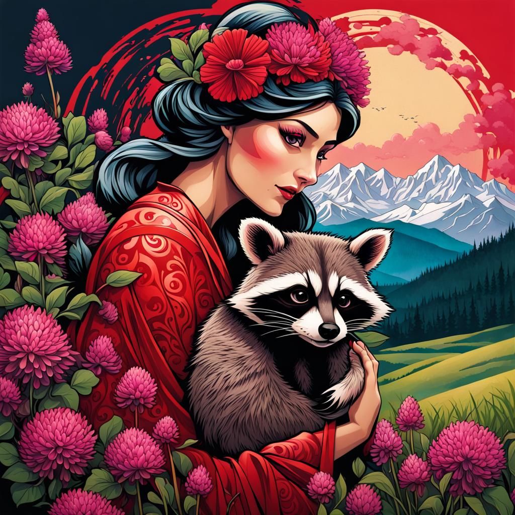 Raccoon Tattoo Design in Alphonse Mucha Style