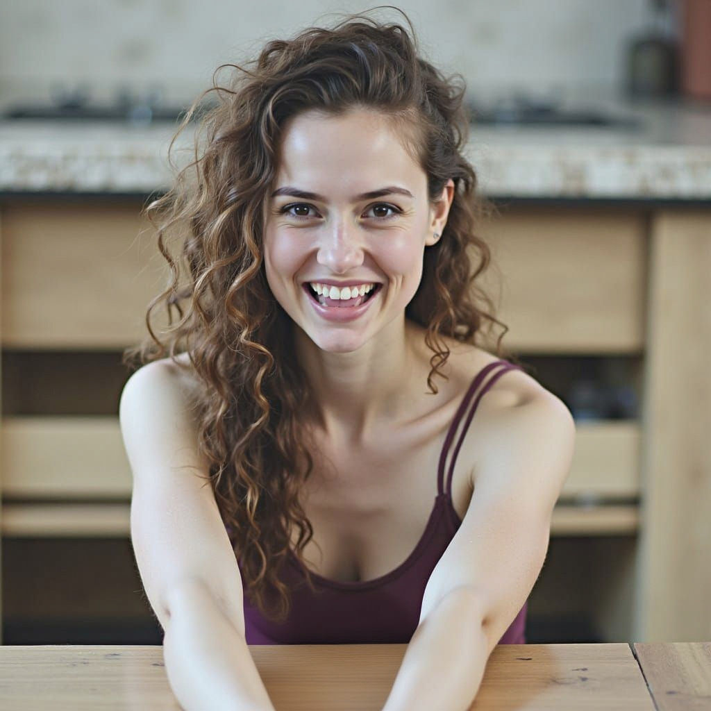 Young Woman with Chestnut Curls Sits Atop Washing Machine