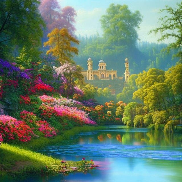 Idyllic Riverside Palace in Heavenlike Oil Painting