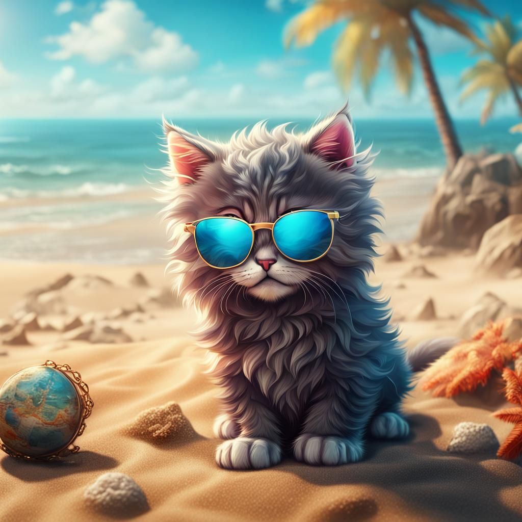 Fluffy Kitten on Beach in Detailed Matte Painting