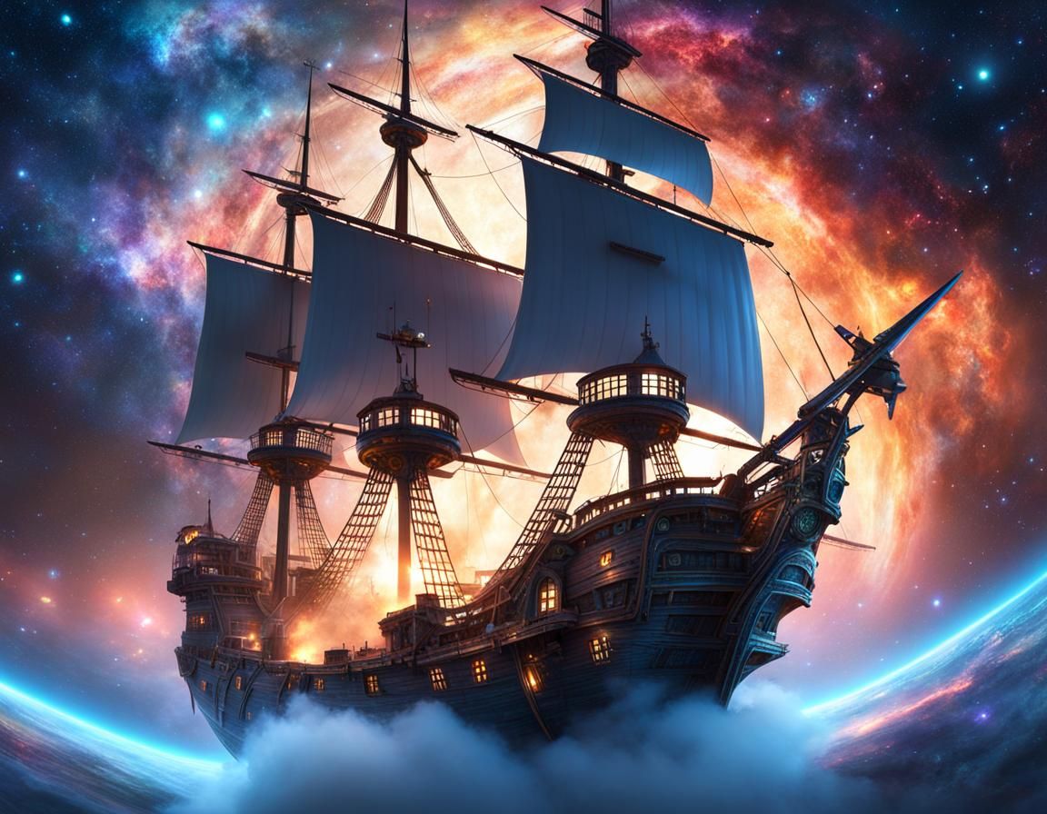 Flying Pirate Ship Rockets Through Space in 3D