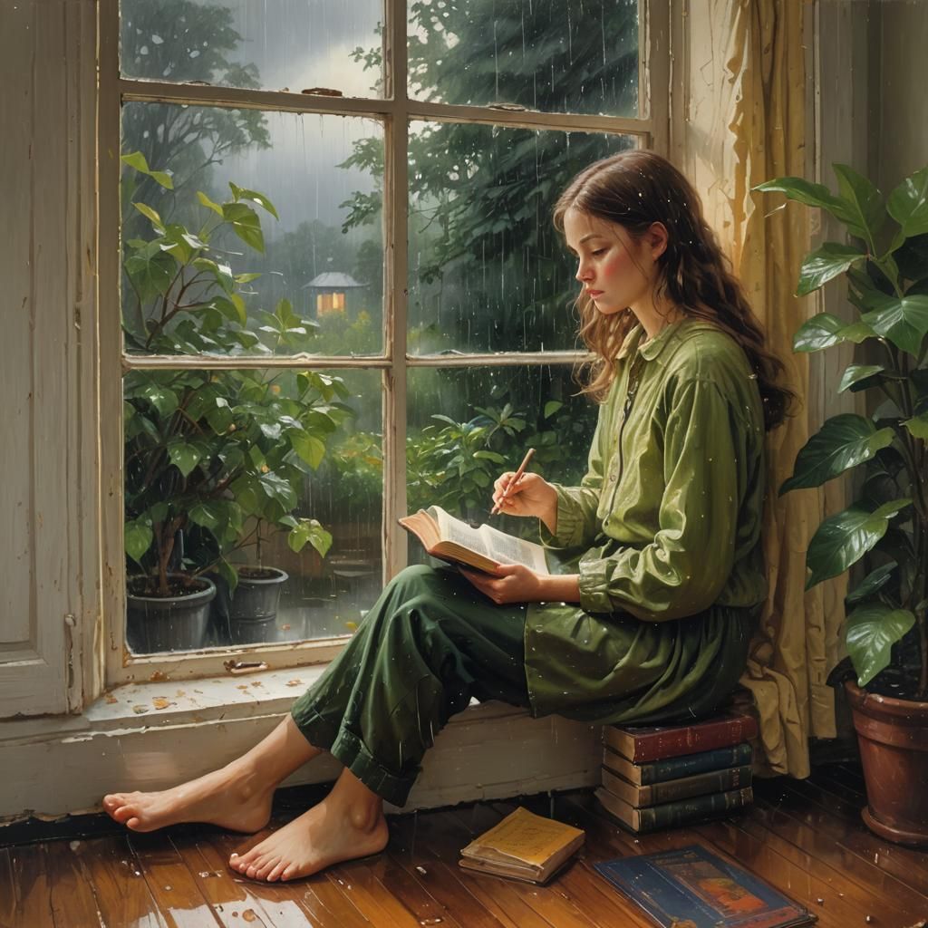 Rainy Day Cottage Scene as Oil Painting