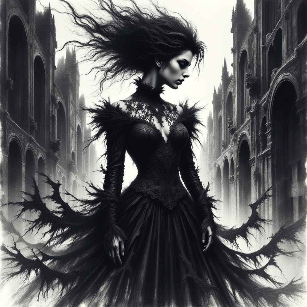 80s Anime Woman in Dark Urban Fantasy Landscape