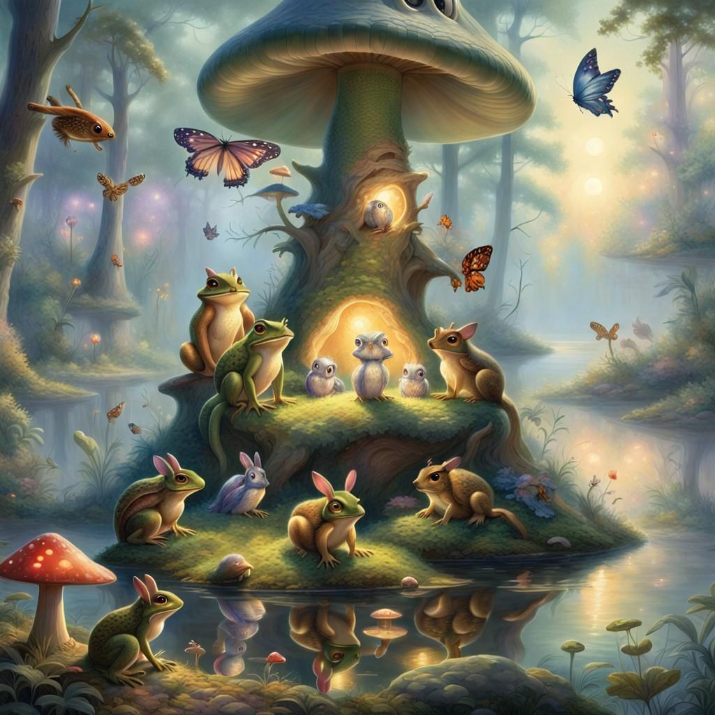 Cartoon Animals' Summer Party in Misty Forest