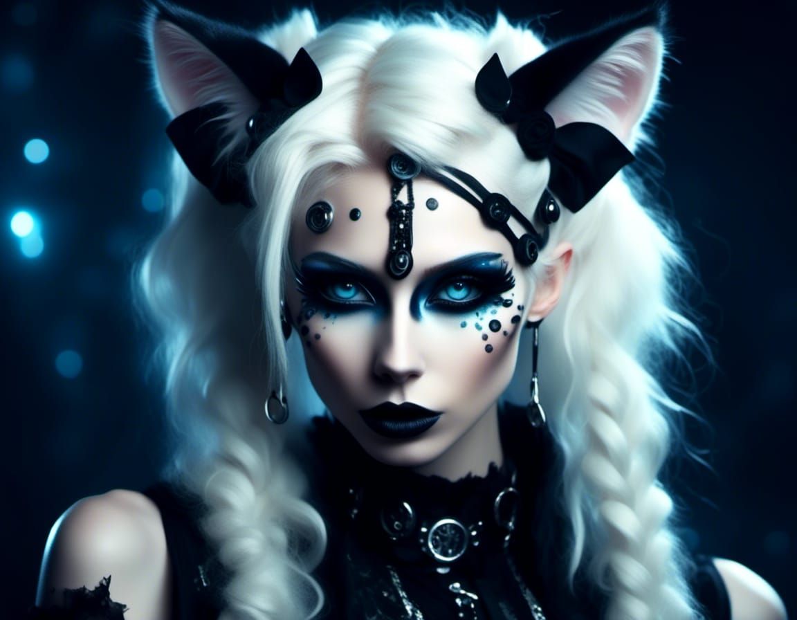 Glam Cyber Goth with Cat Ears in Neon Light