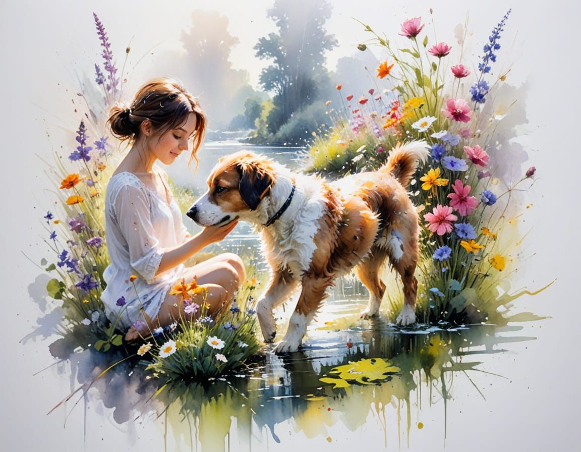 Playful Puppy and Owner in Sunlit River Garden