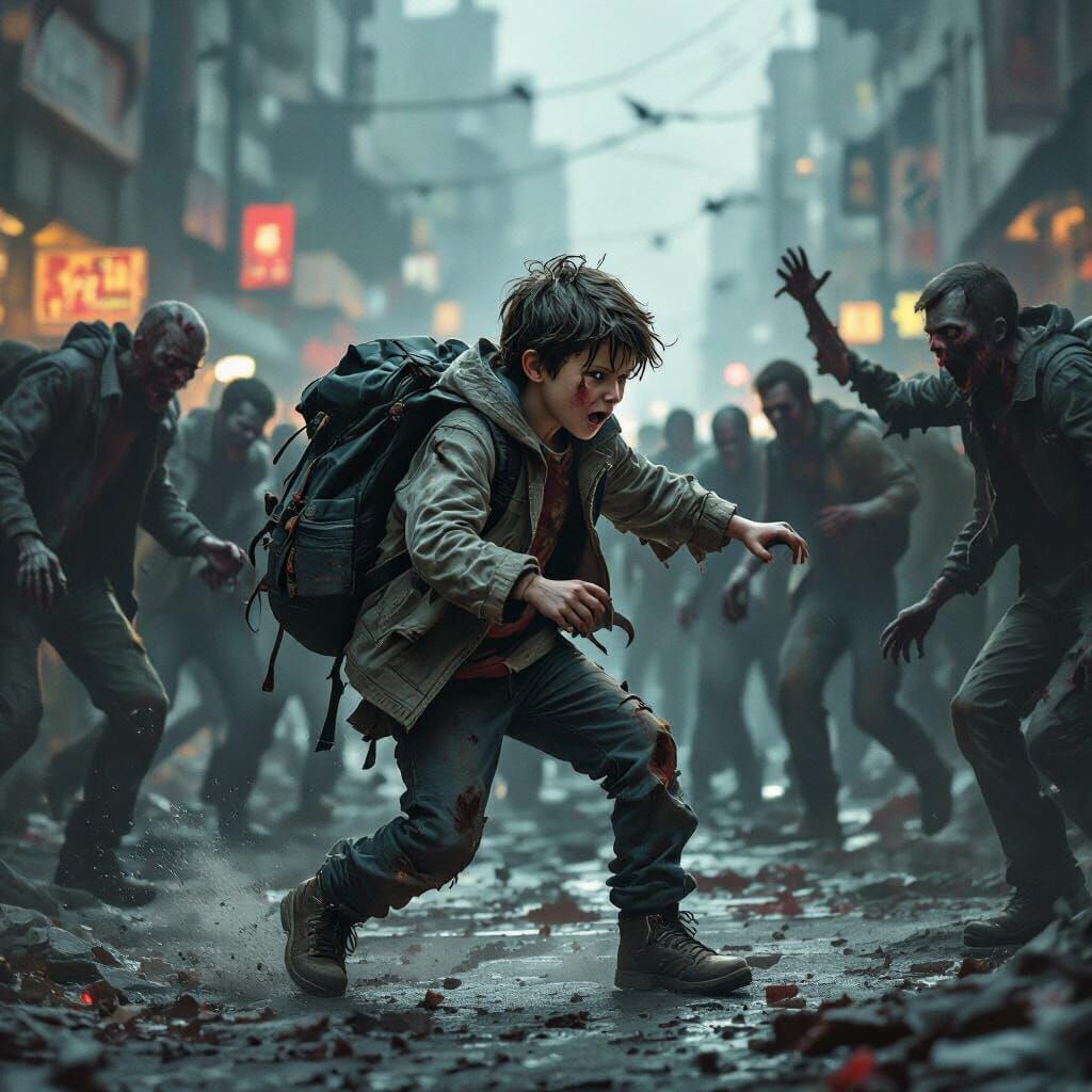 Boy Fighting Zombies in Post-Apocalyptic City
