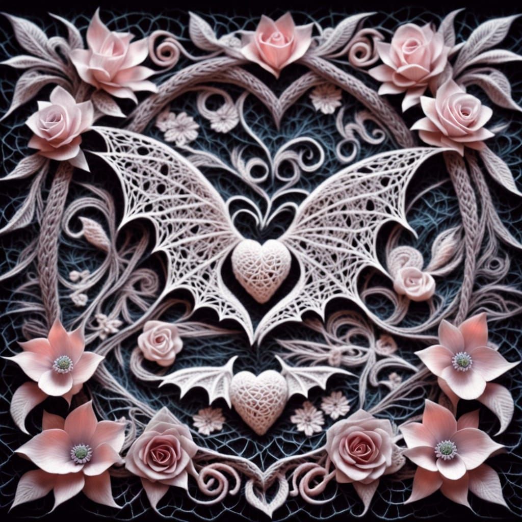 Ethereal Lace Bats with Anatomical Heart in Pastel Surrealis...