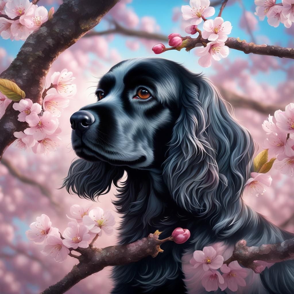 Translucent Cocker Spaniel Under Cherry Blossoms: Macrophoto...