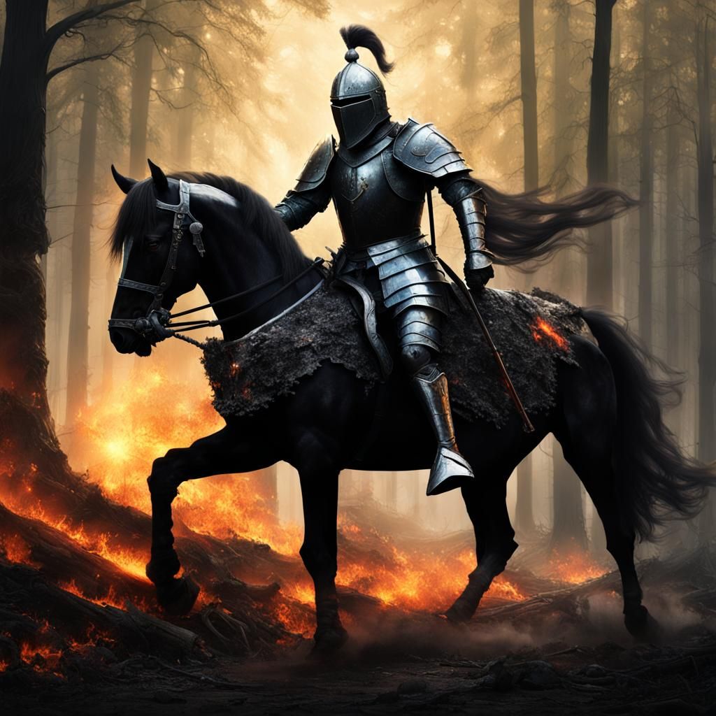 Headless Black Knight Rides Through Burnt Forest
