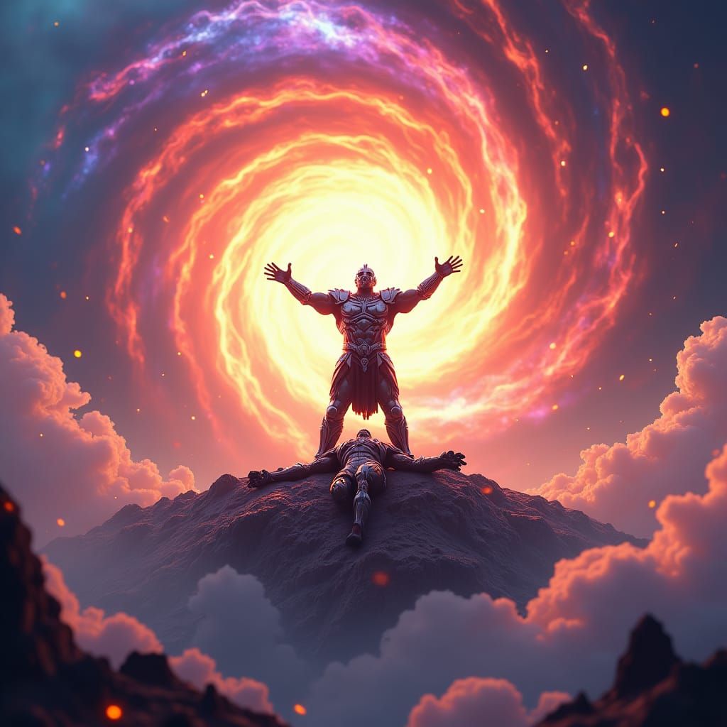 Triumphant Warrior Amidst Cosmic Energy Vortex