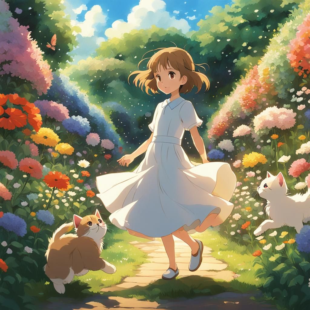 Kittens and Girl in Vibrant Ghibli Garden