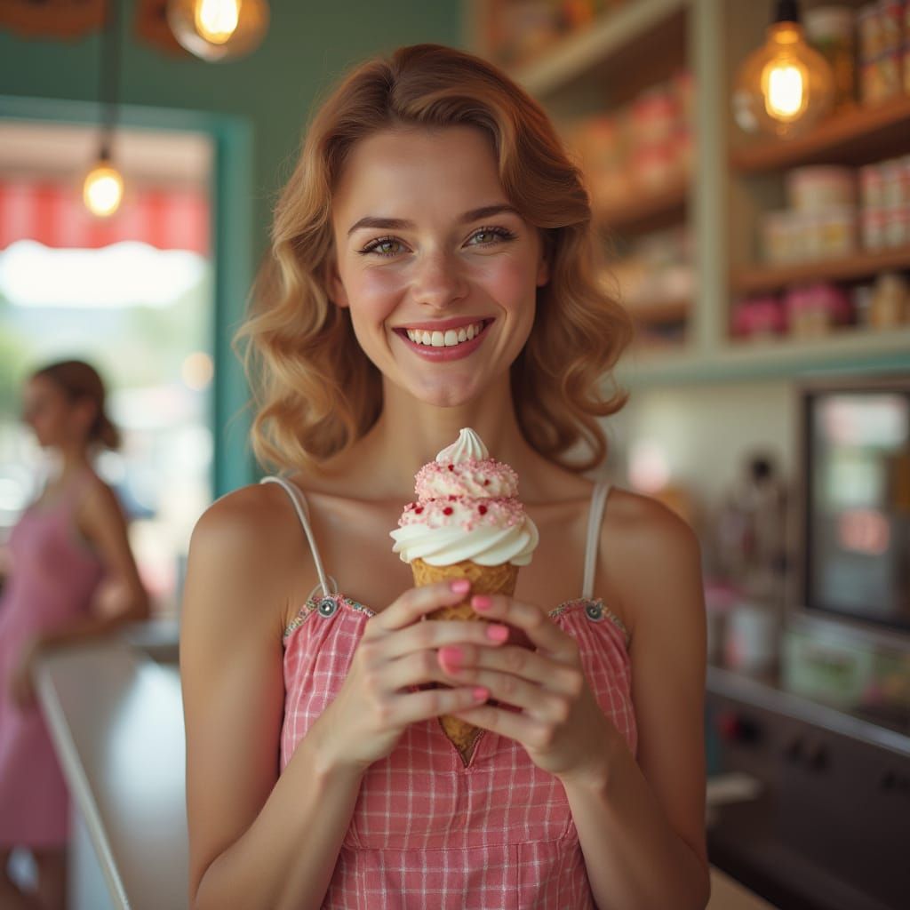 Gorgeous Pin-Up Girl Poses in Vintage Ice Cream Shop